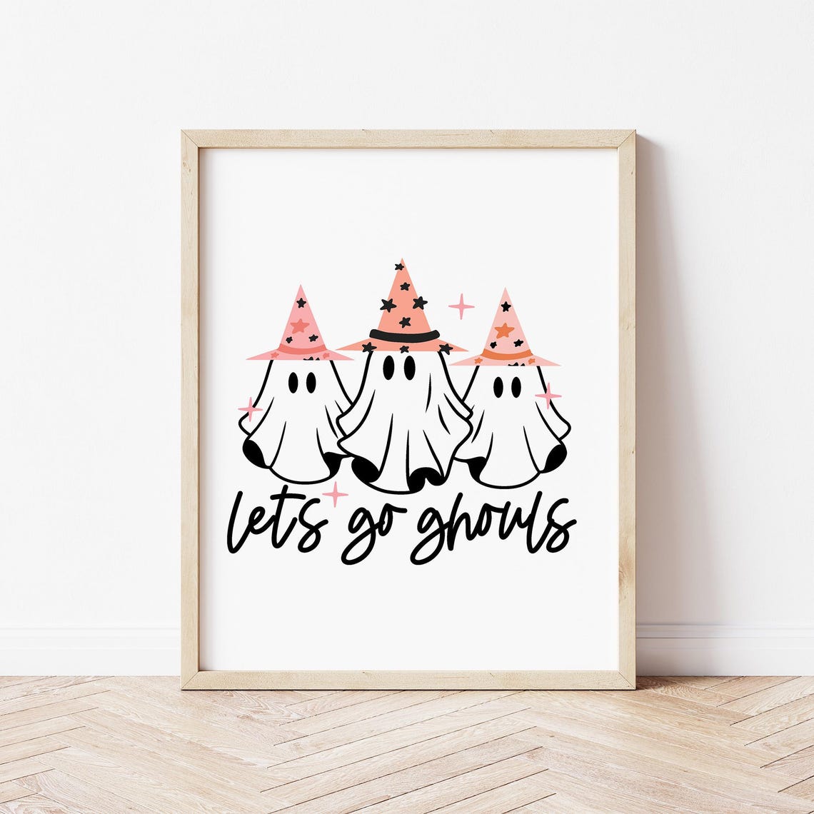Lets Go Ghouls Three Cute Ghosts in Pink Witch Hats Halloween Poster - Image 3