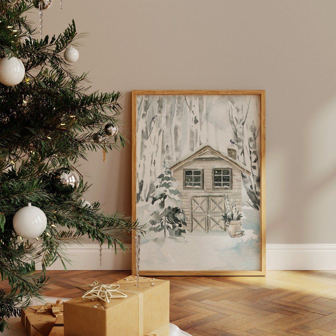 Winter Barn Snowy Birch Forest Christmas Watercolor Art Poster - Image 4