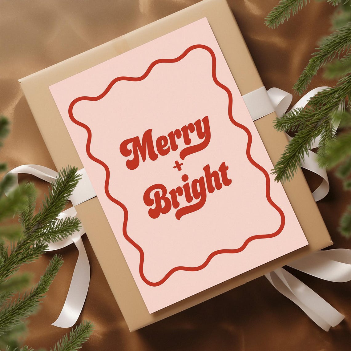 Merry and Bright Wavy Border Retro Pink Christmas Holiday Poster - Image 3