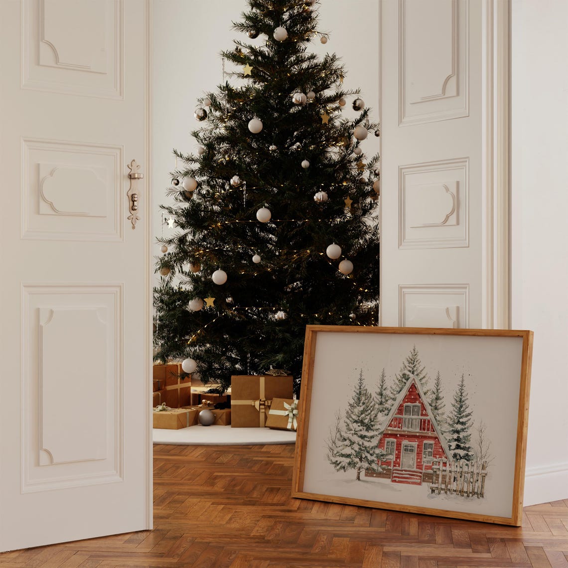 Red A Frame Cabin Watercolor Snowy Pine Forest Winter Poster - Image 3