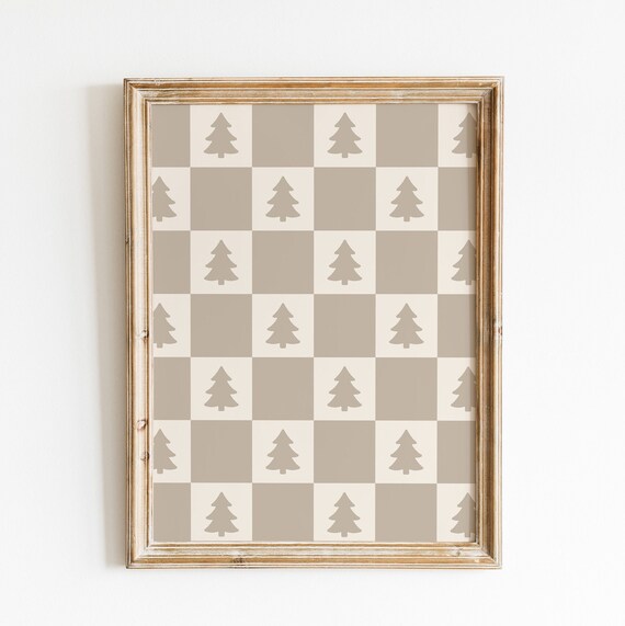 Neutral Checkered Christmas Trees Beige Farmhouse Holiday Art Print