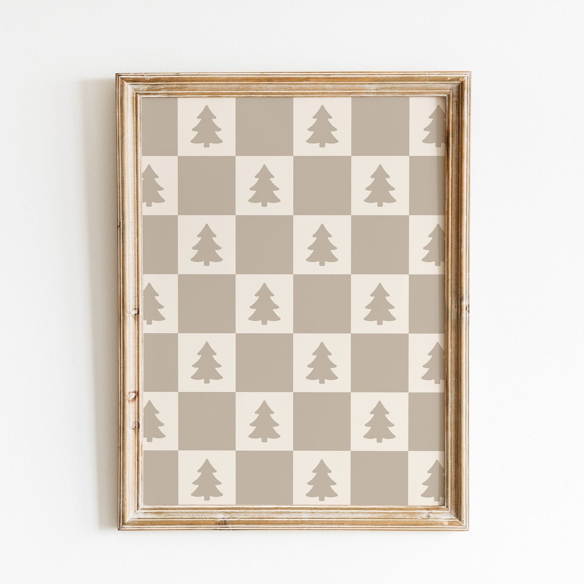 Neutral Checkered Christmas Trees Beige Farmhouse Holiday Art Print
