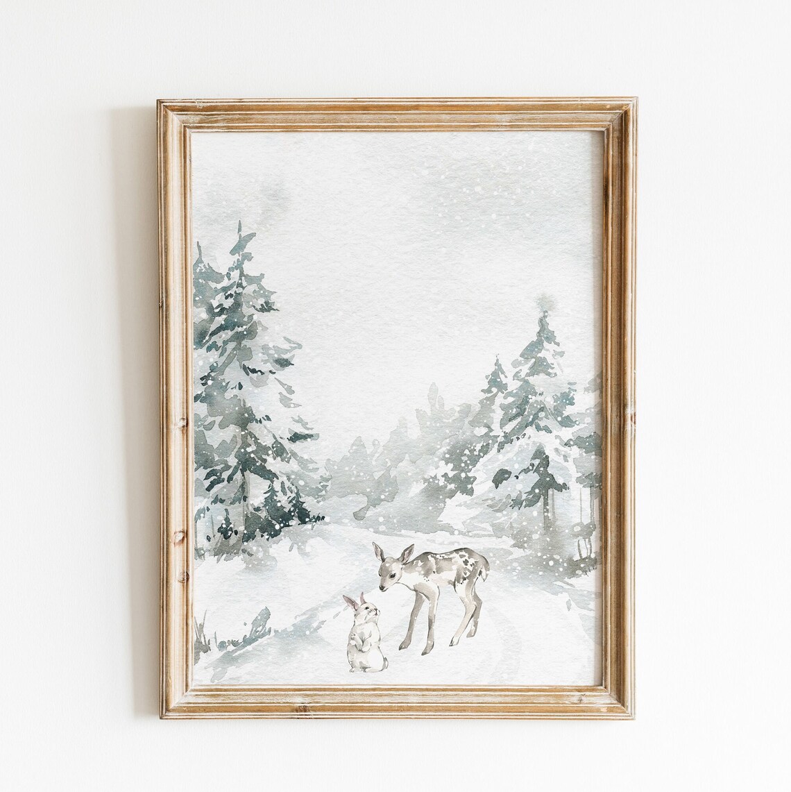 Baby Deer and Bunny Snowy Winter Forest Watercolor Nursery Wall Art - Image 3