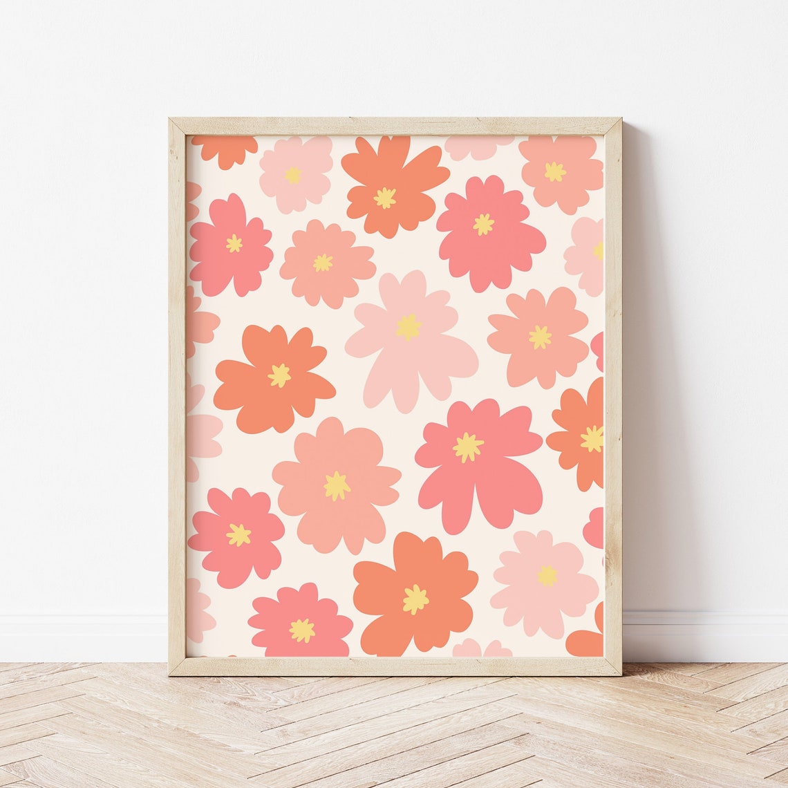 Retro Groovy Flower Pattern Coral Pink 70s Floral Bloom Wall Art