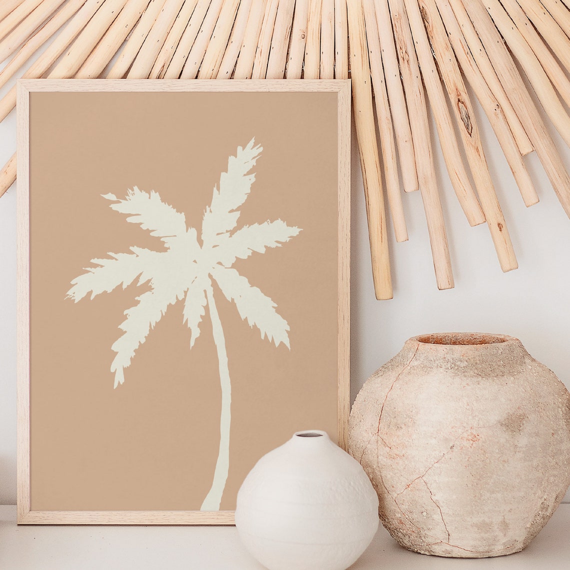 Boho Palm Tree Silhouette Cream On Tan Tropical Beach Wall Art - Image 3