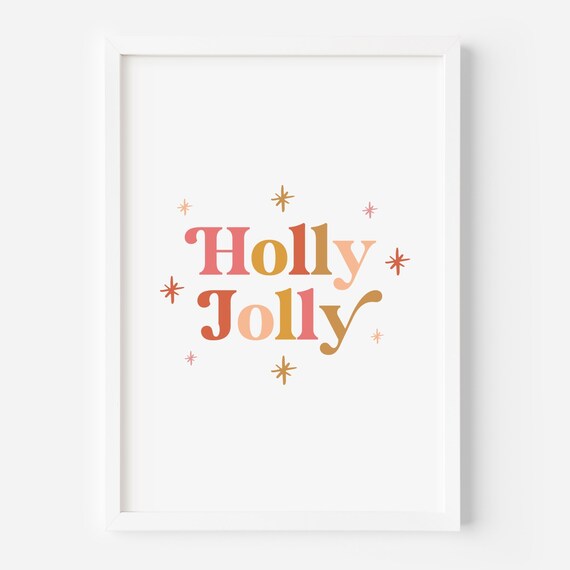 Holly Jolly Boho Christmas Print Pink Gold Typography Holiday Wall Decor