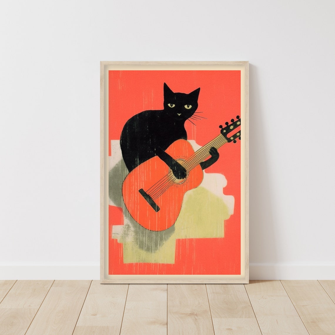 Retro Black Cat Playing an Acoustic Guitar Kitty Music Poster