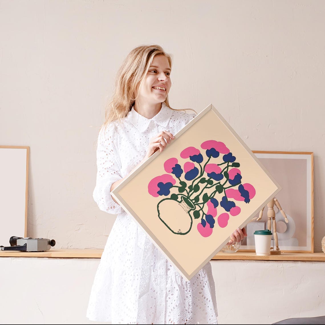 Bold Pink and Blue Wildflowers in Vase Abstract Floral Poster - Image 4