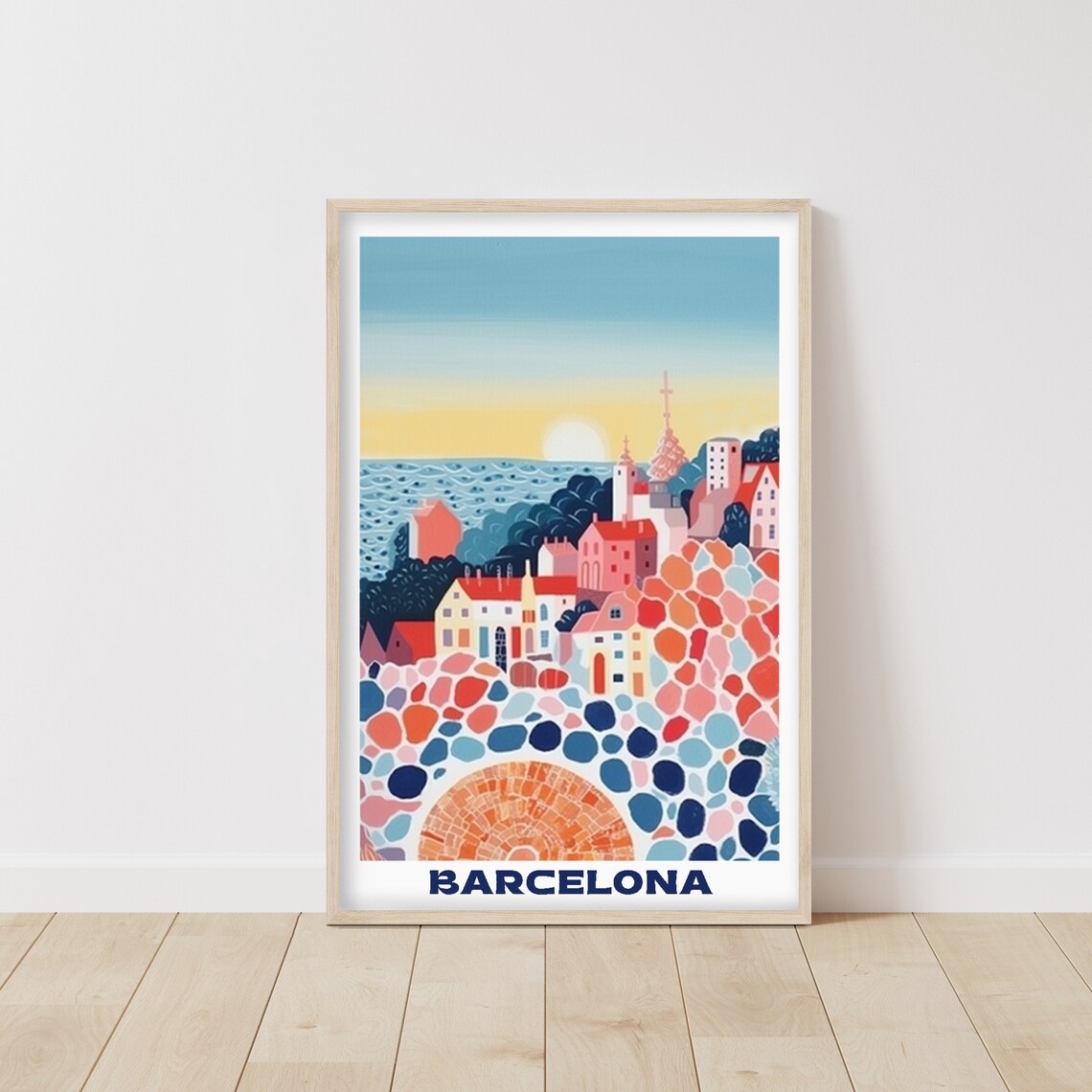 Barcelona Travel Poster Mosaic Hillside Sunset Cityscape Art