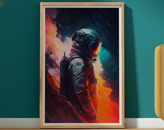 Astronaut In Cosmic Flames Watercolor Poster Fiery Red Orange Clouds Art