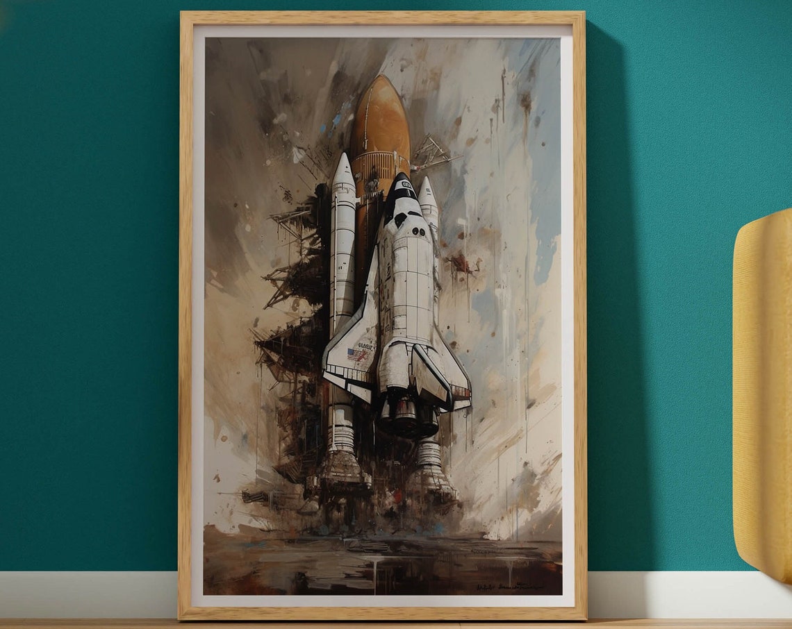 Space Shuttle Launch Watercolor Painting Soft Beige Tones Art Poster