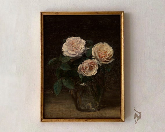 Vintage Rose Painting Flower Wall Art Moody Floral Oil Dark Antique Pink Artwork
