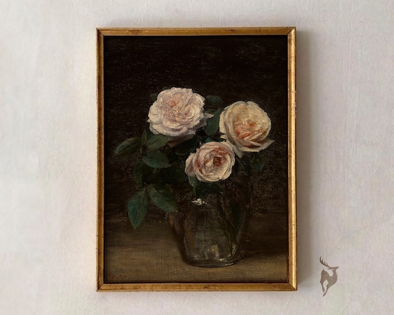 White Roses in Glass Vase Dark Moody Oil Painting Art Poster