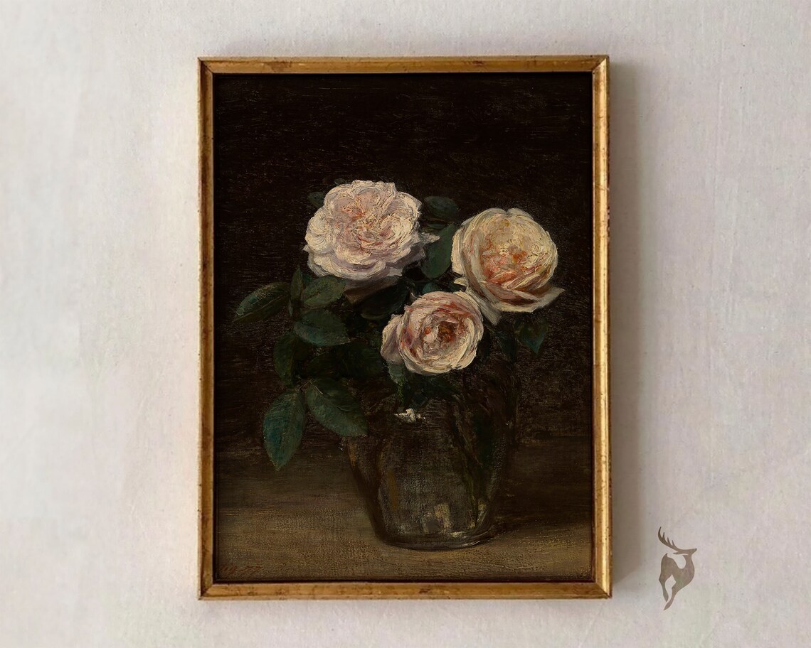 White Roses in Glass Vase Dark Moody Oil Painting Art Poster