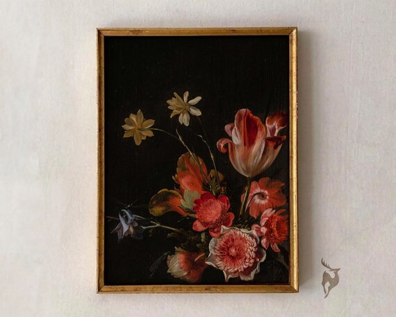 Moody Flower Wall Art Still Life Painting French Country Decor Cottage Core Antique Printvintage Victorian Fine Botanical