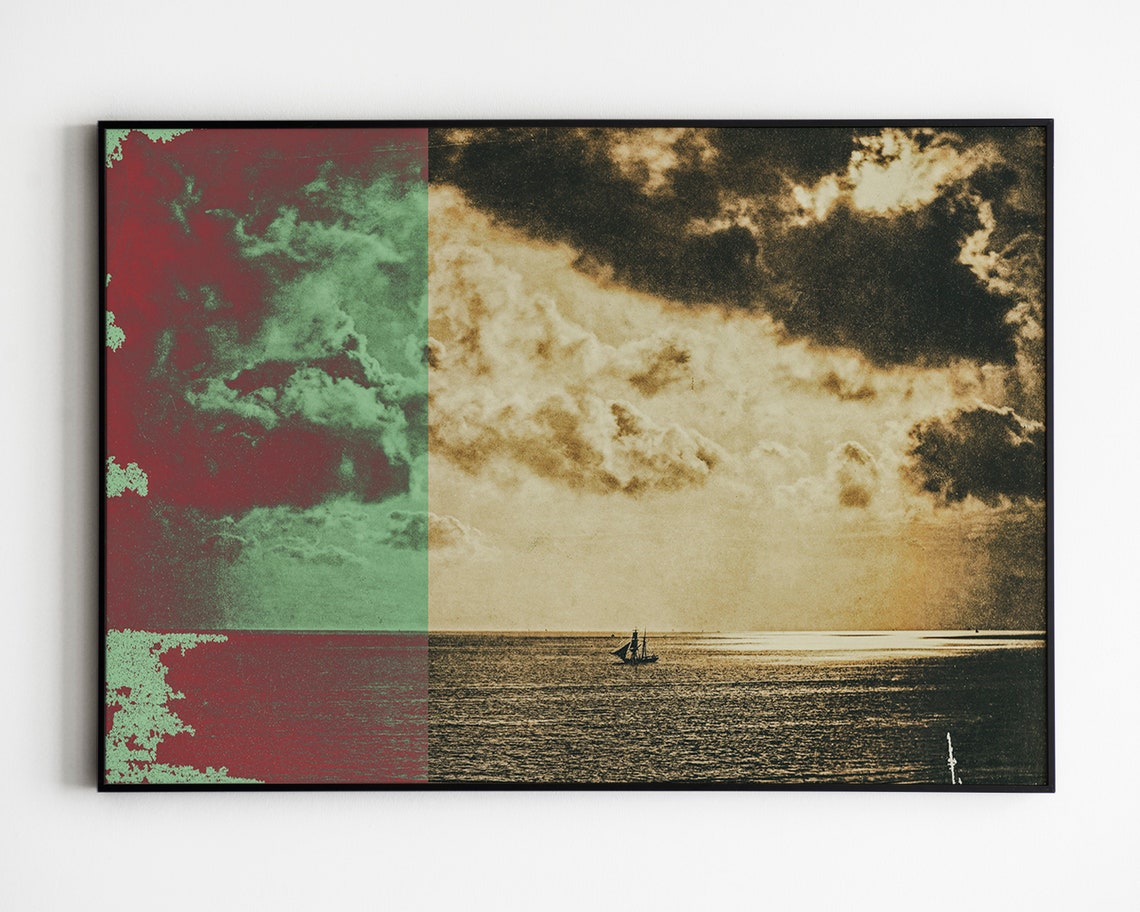 Altered Vintage Sailboat Seascape Glitch Art Print Surreal Wall Decor