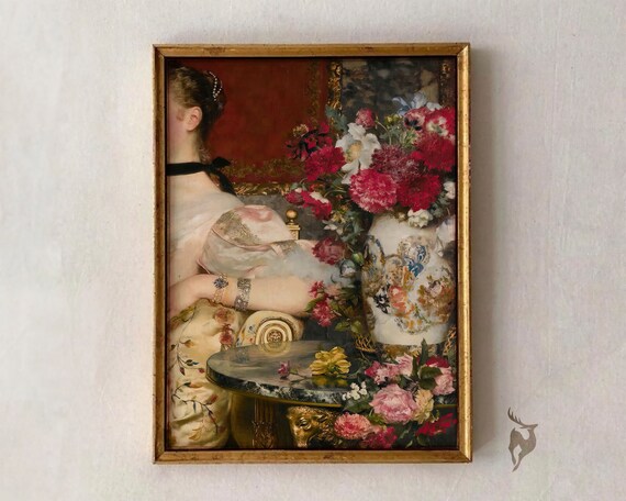 Renaissance Portrait Flower Vintage Oil Painting Eclectic Wall Art Altered Feminine Decor Moody Gallery Set Print
