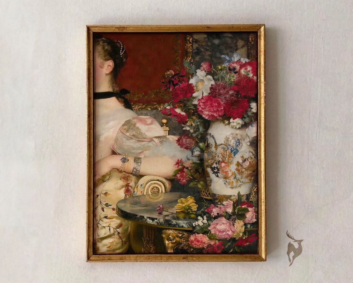 Woman With Overflowing Vase Of Peonies Renaissance Floral Painting Wall Art