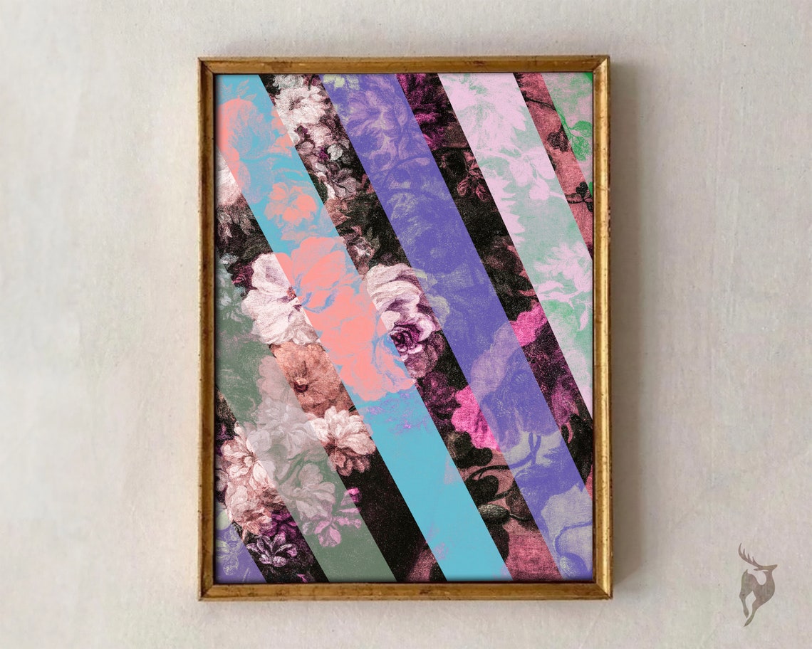 Colorful Floral Collage Pastel Diagonal Stripes Maximalist Art Print