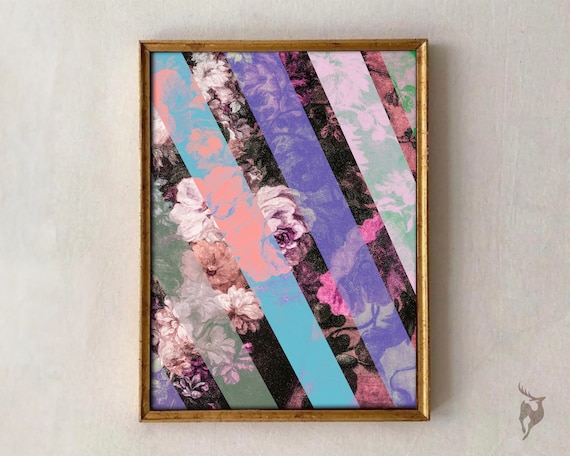 Colorful Floral Collage Pastel Diagonal Stripes Maximalist Art Print