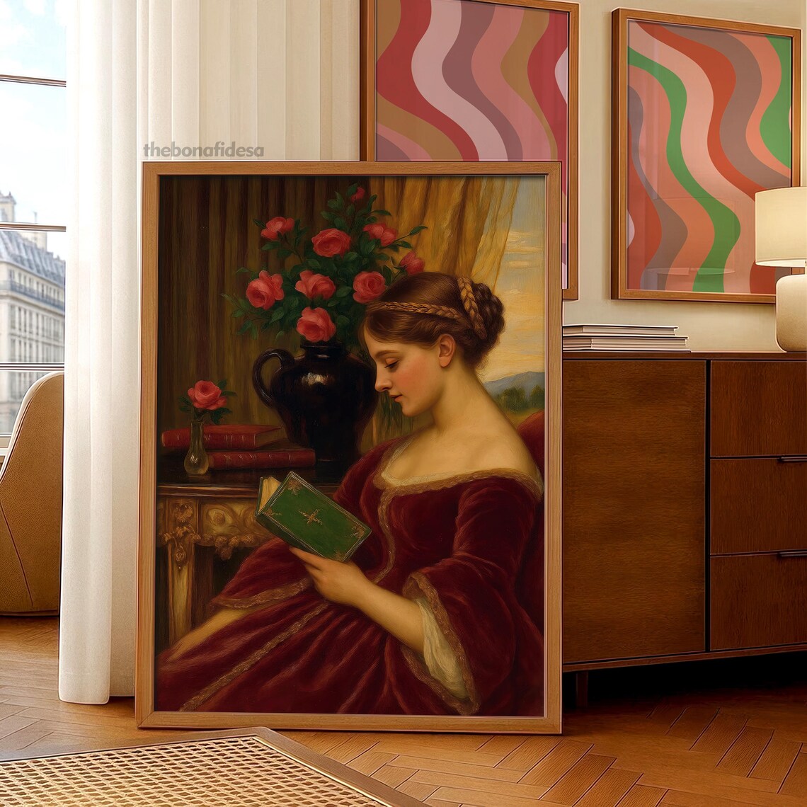 Altered Vintage Portrait Woman Reading Red Dress Roses Book Lover Poster