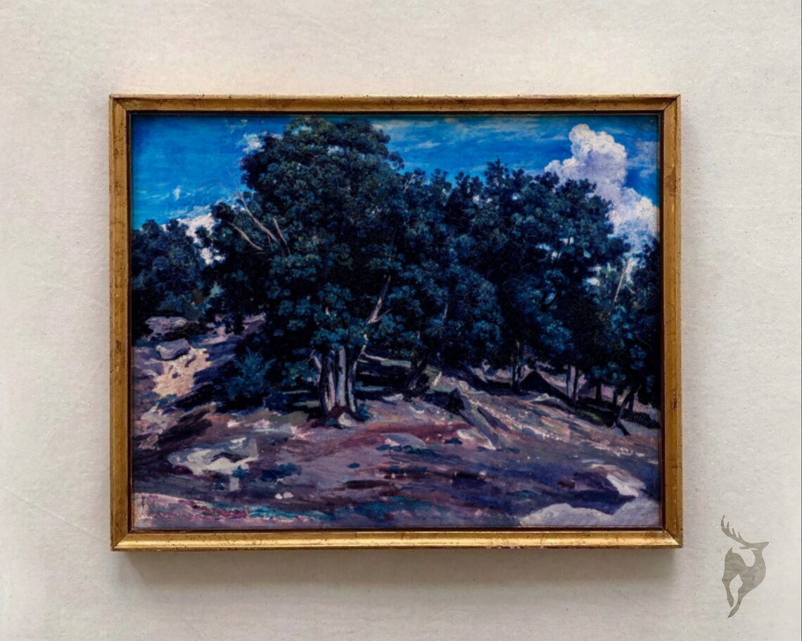 Moody Dark Oak Grove Vintage Oil Painting Dramatic Woodland Art Print