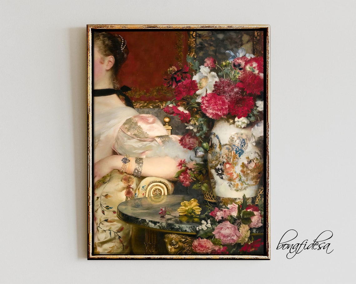 Elegant Woman Beside Ornate Vase of Red Blooms Classical Wall Art