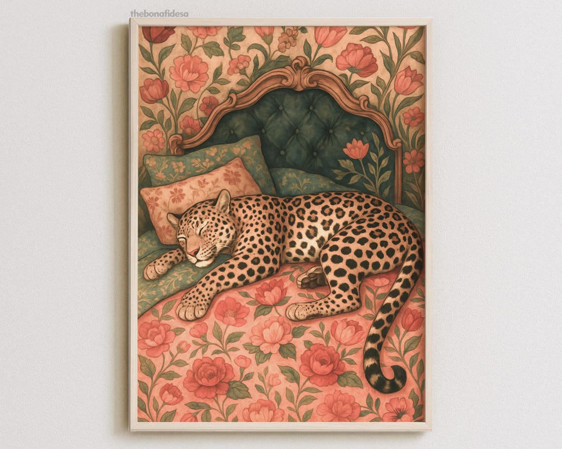 Sleeping Leopard Floral Bed Pink Green Maximalist Bedroom Animal Print