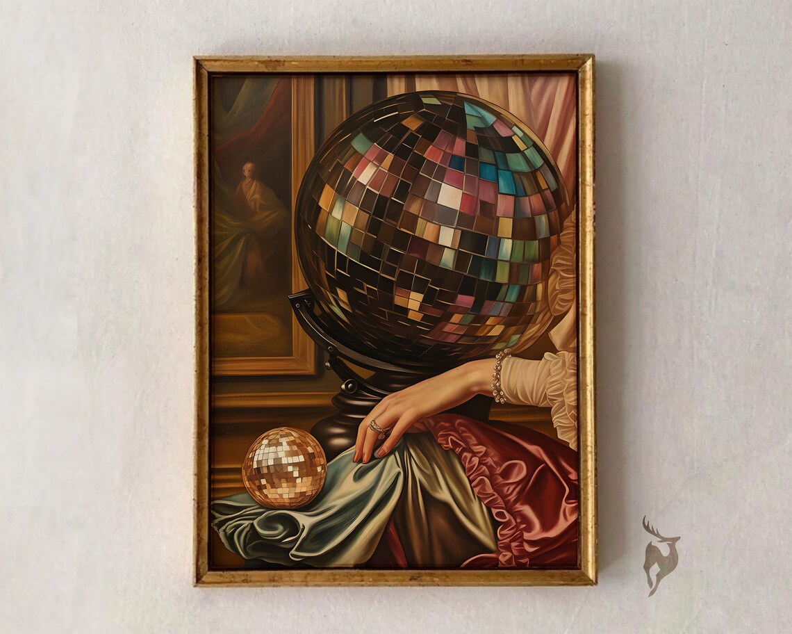 Disco Ball Globe Surreal Baroque Oil Painting Maximalist Poster