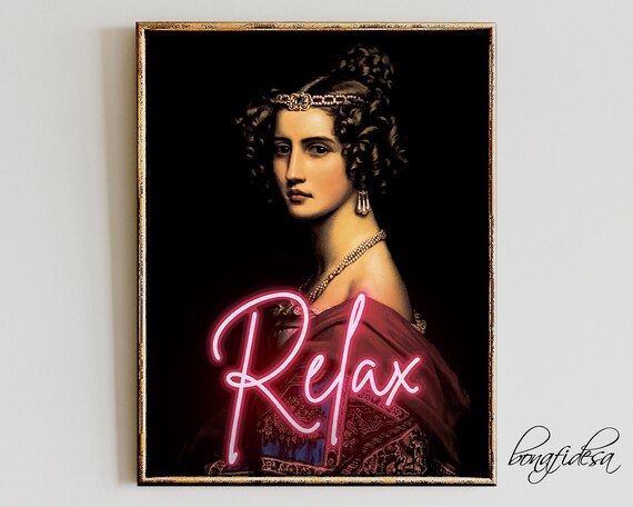 Relax Neon Sign Classical Woman Altered Art Moody Portrait Wall Art