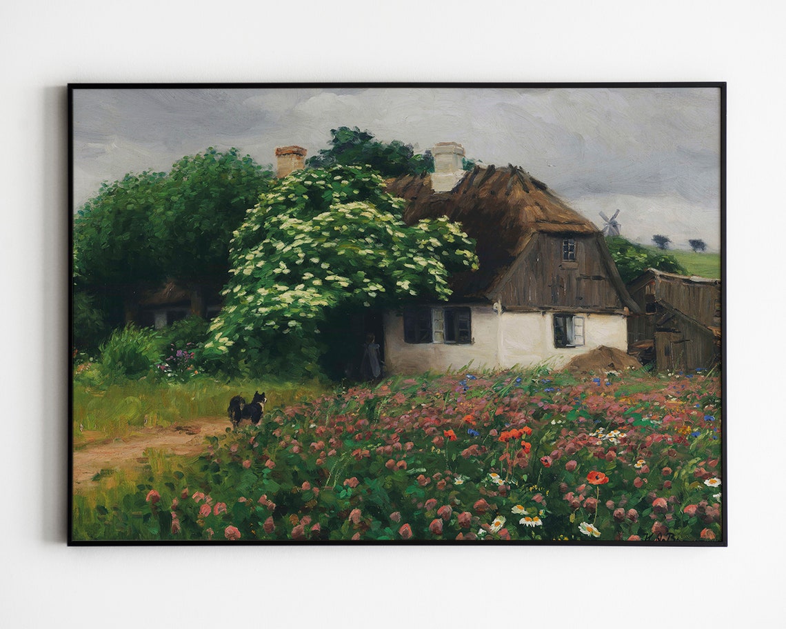 Thatched Cottage with Wildflower Meadow Windmill Oil Art Poster