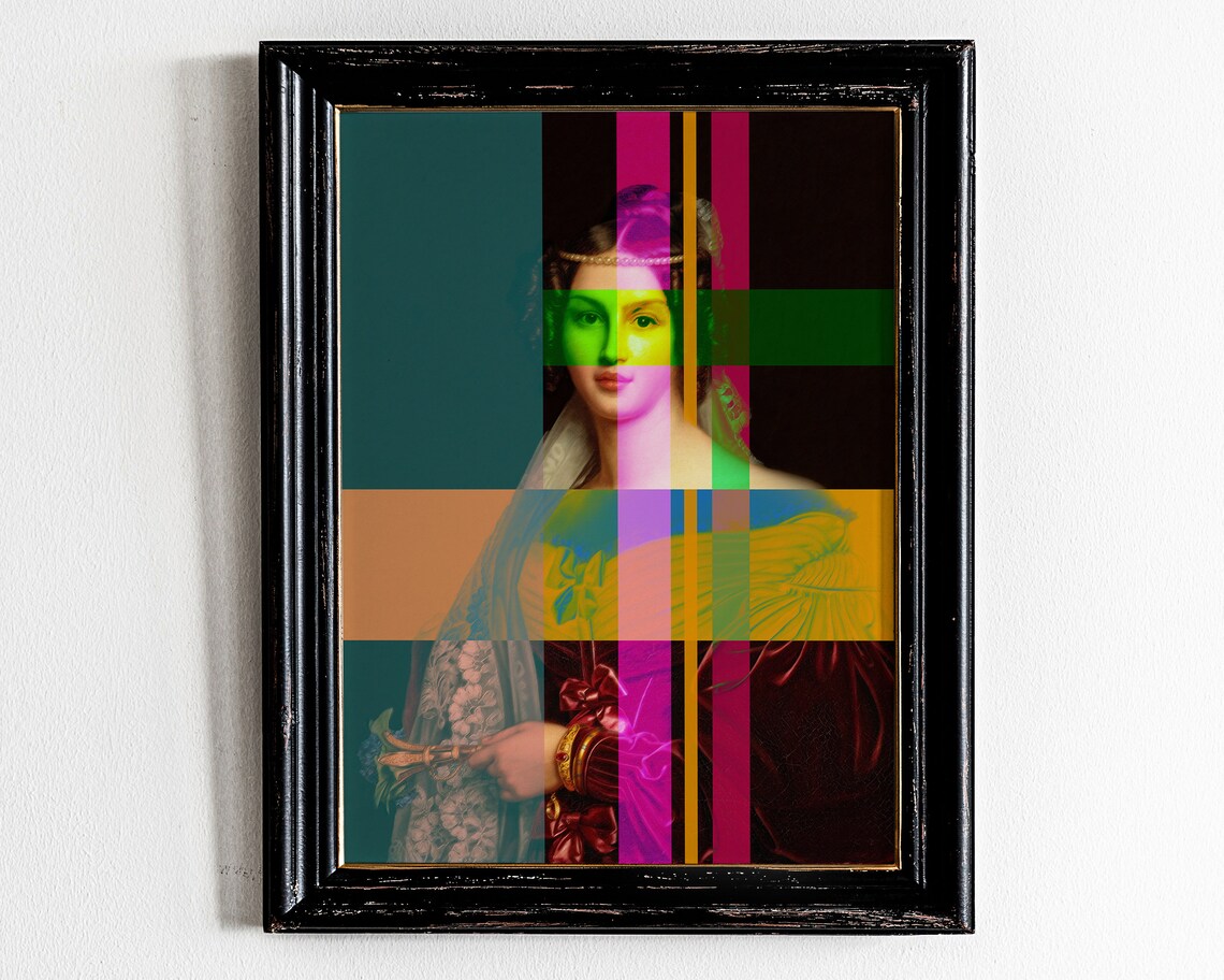 Surreal Classic Portrait Neon Glitch Stripes Modern Eclectic Art Poster
