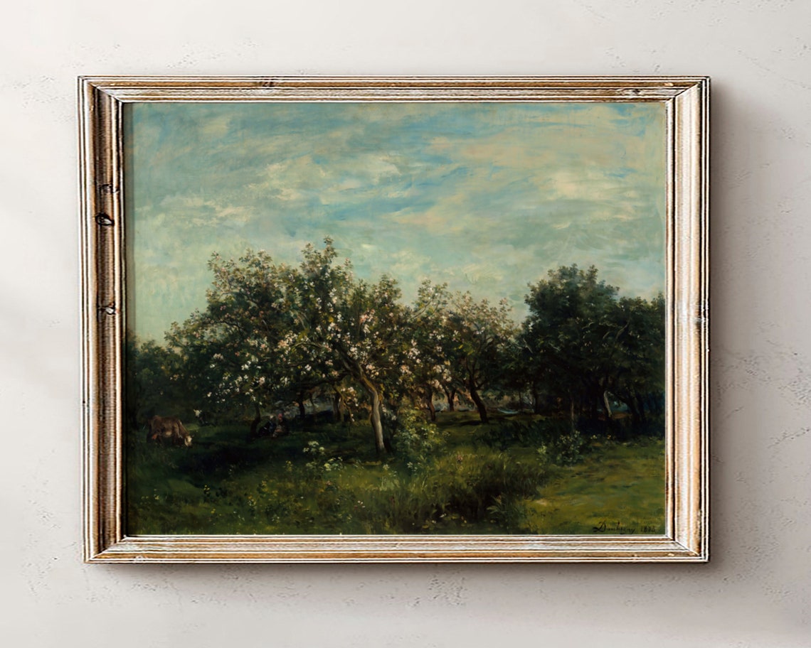Blooming Orchard Trees Grazing Cow Pastoral Vintage Landscape Art Poster