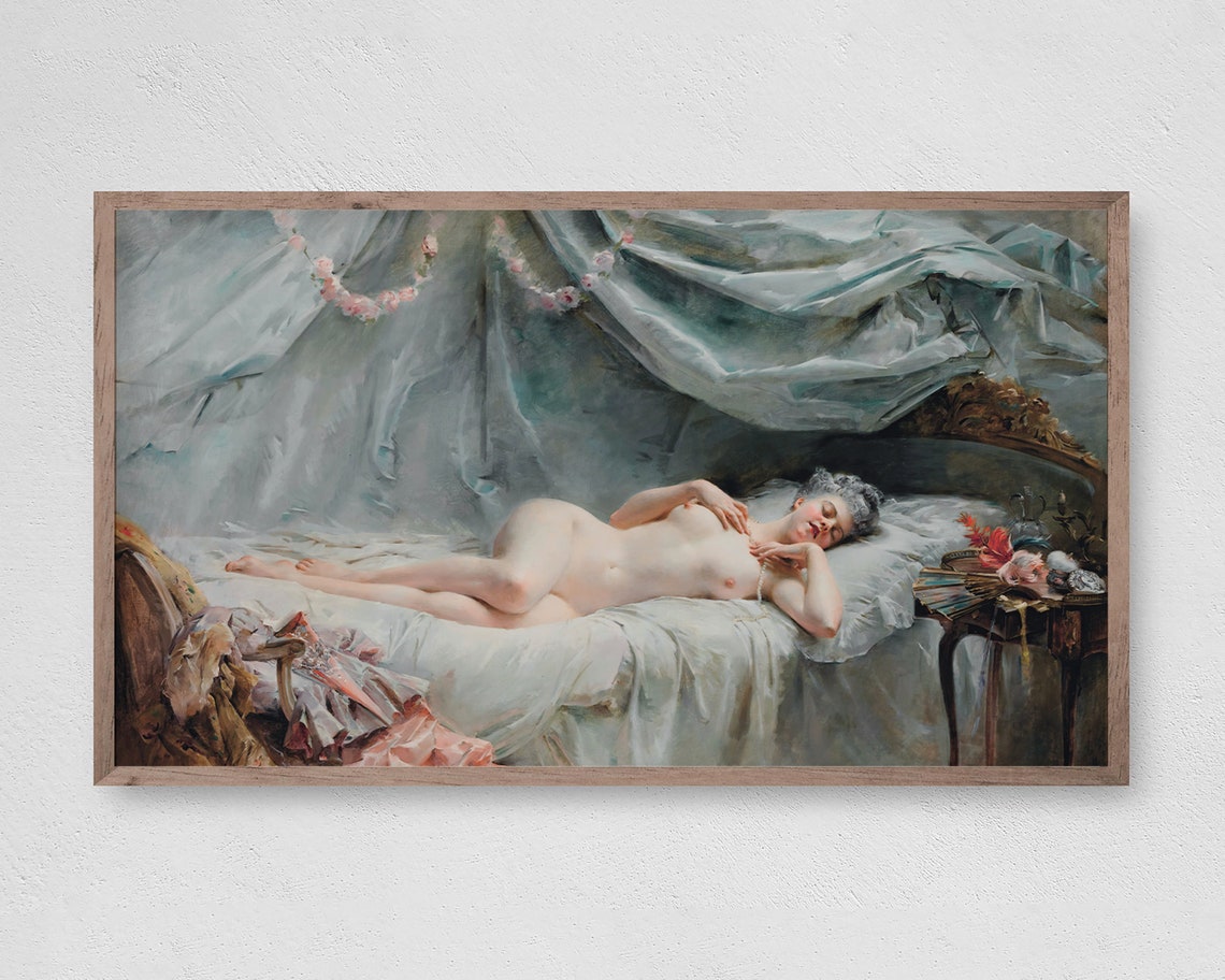 Classical Reclining Nude in Soft Blue Drapery Academic Art Poster