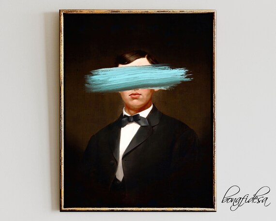 Victorian Gentleman Portrait with Teal Paint Stroke Altered Art Poster