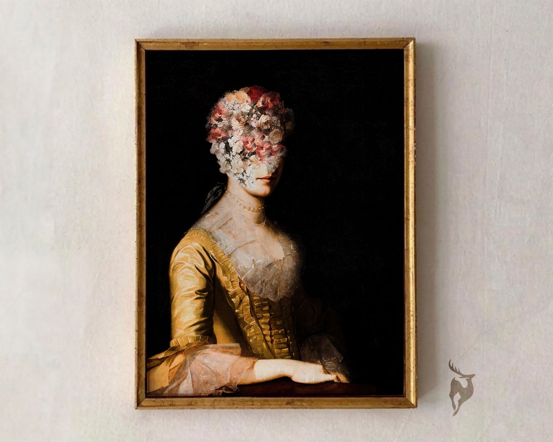 Floral Face Altered Classical Portrait Gold Gown Botanical Poster