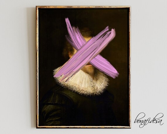 Altered Baroque Portrait With Purple X Paint Strokes Moody Maximalist Office Wall Art
