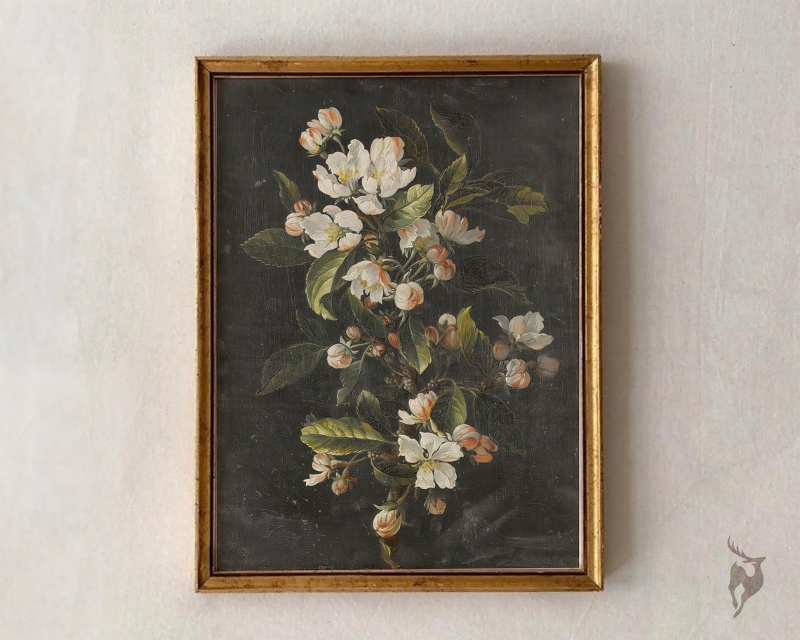White Blossom Still Life Oil Painting on Dark Background Floral Poster