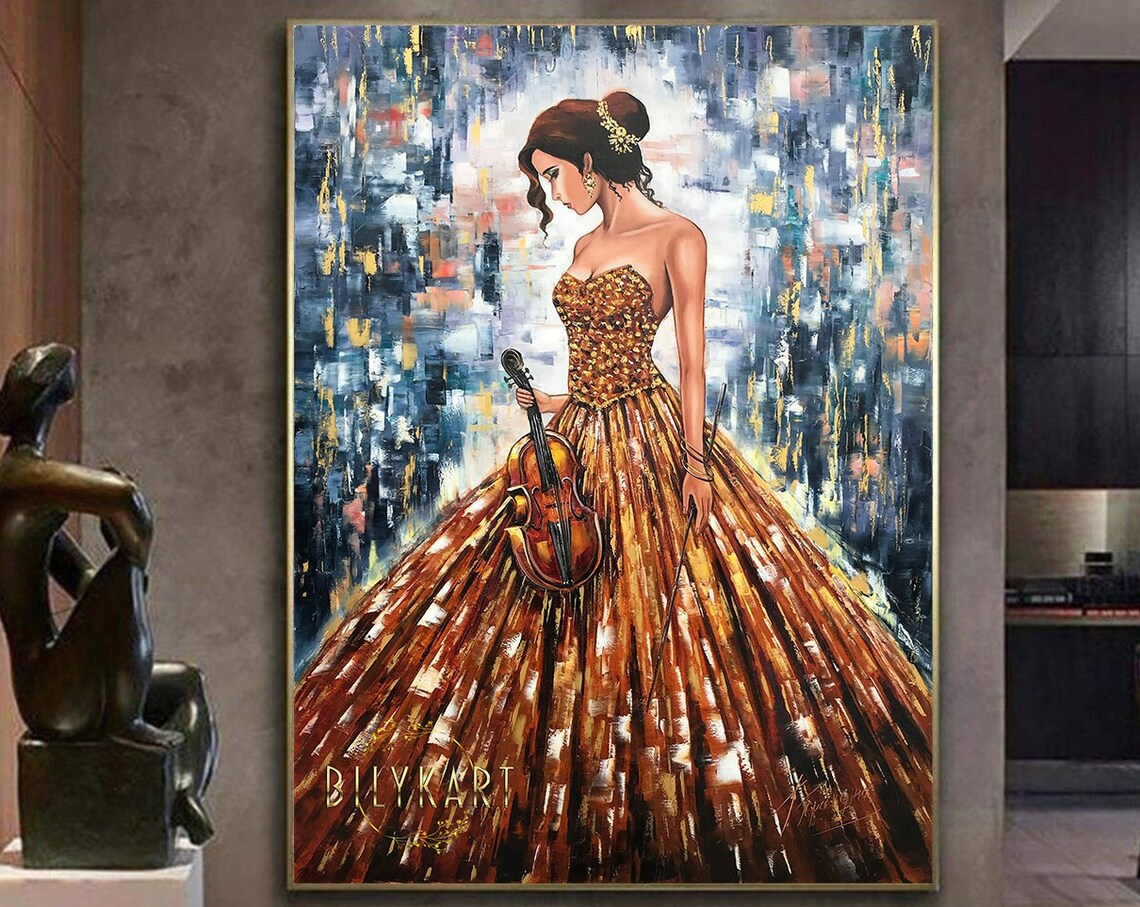 Elegant Woman Gold Gown Holding Violin Musician Figurative Art Poster