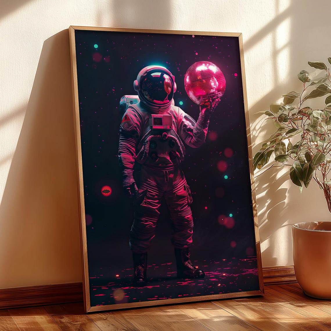 Astronaut Holding Disco Ball Neon Pink Space Retro Art Poster