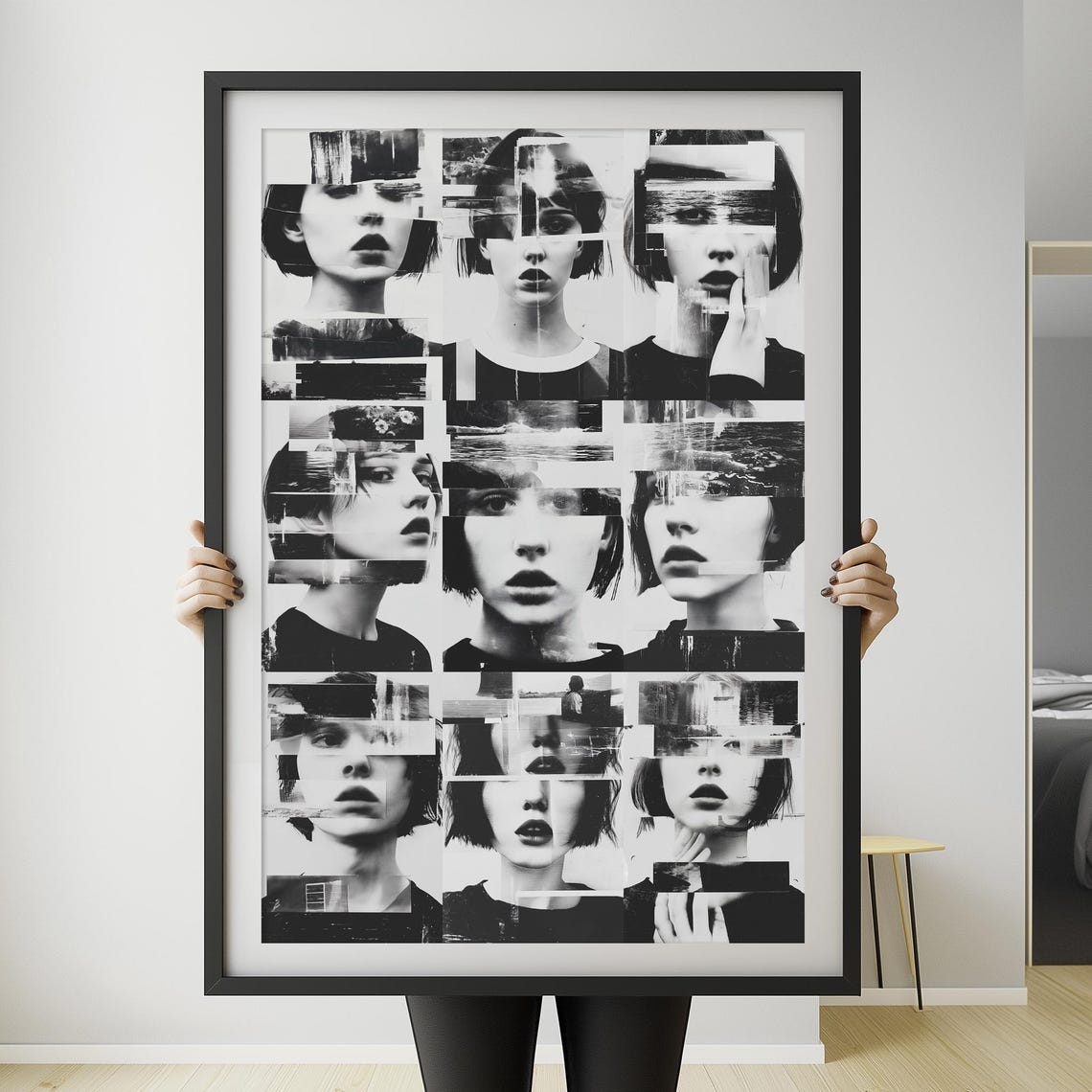 Lost Again Black White Glitch Portrait Fragment Collage Art Poster
