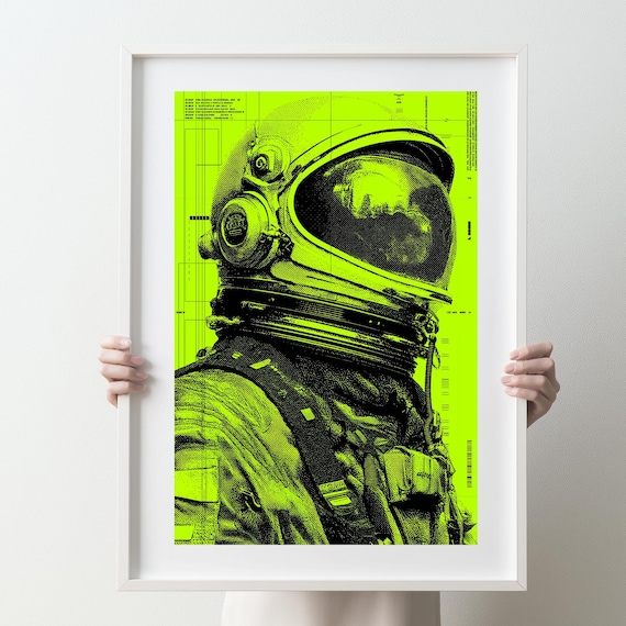 Neon Green Astronaut Halftone Poster With Space Helmet Portrait