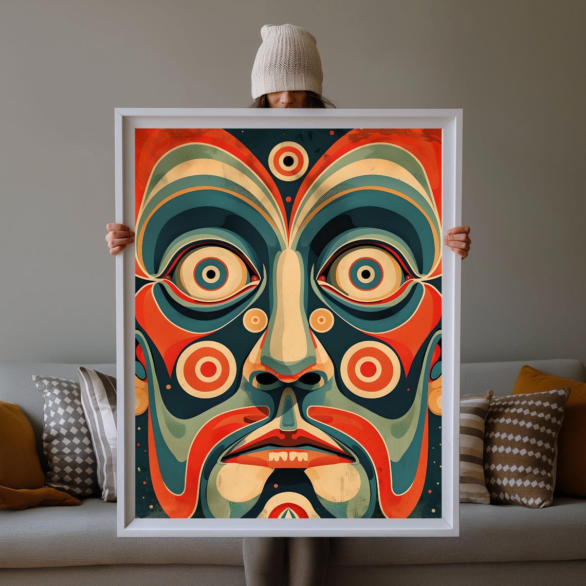 Neotribal Mask Abstract Poster Teal and Orange Stylized Face