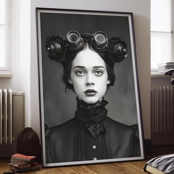 Beautiful Steampunk Woman Vintage Black And White Photography Fashion Wall Art Print Home Decor