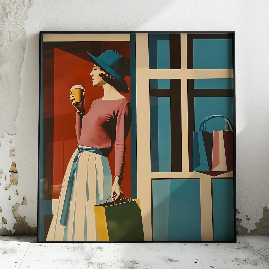 Retro Shopping Woman Coffee Cup Vintage Style Fashion Art Print
