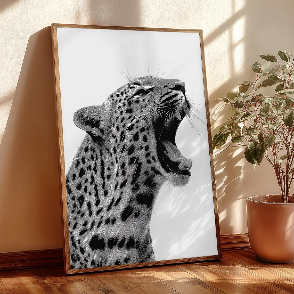 Yawning Leopard Portrait Black And White Wildlife Art Poster