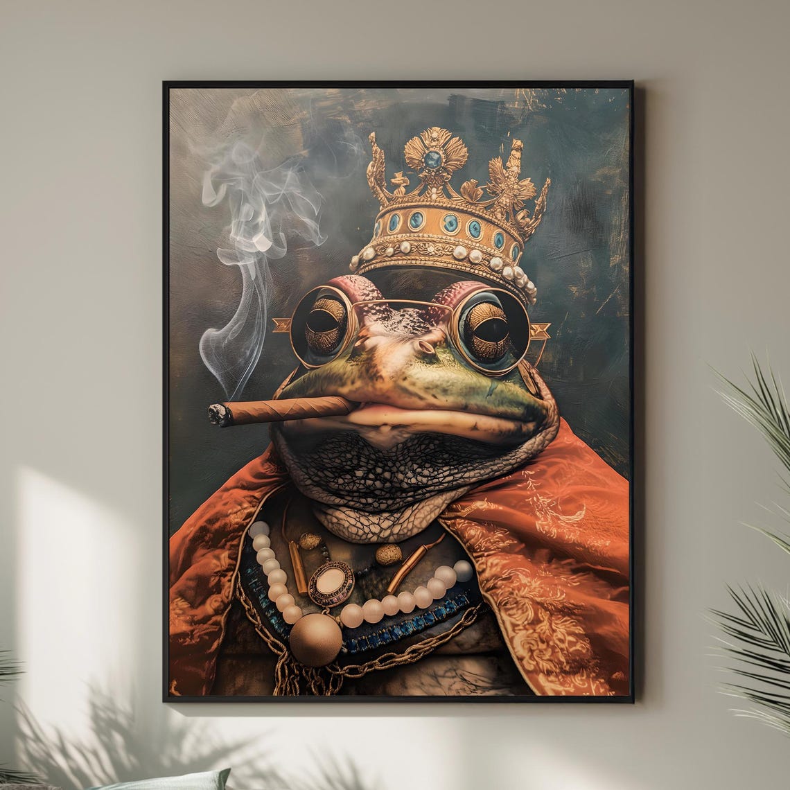 King Frog Crown Cigar Smoking Renaissance Animal Portrait Poster