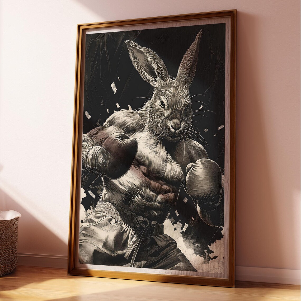 Boxer Bunny Monochrome Boxing Rabbit Comic Style Animal Art Poster