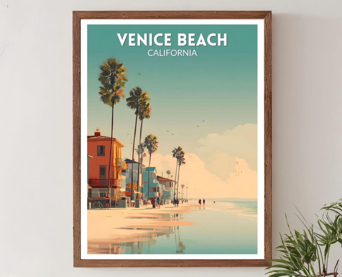 Venice Beach California Palm Boardwalk Sunset Retro Travel Poster