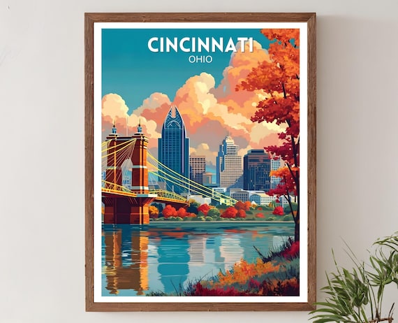 Cincinnati Ohio Roebling Bridge Skyline Autumn Vintage Travel Poster